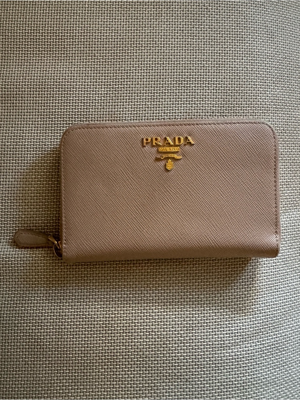 Prada Saffiano Zip Card Holder in Taupe with Gold Logo
